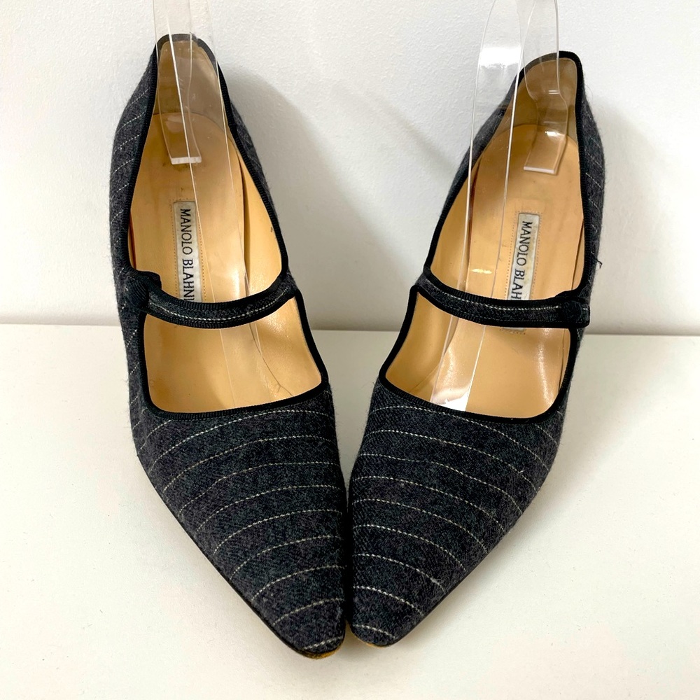 SALE! Rare Manolo Blahnik Gray Pinstripe Tweed Mary Janes